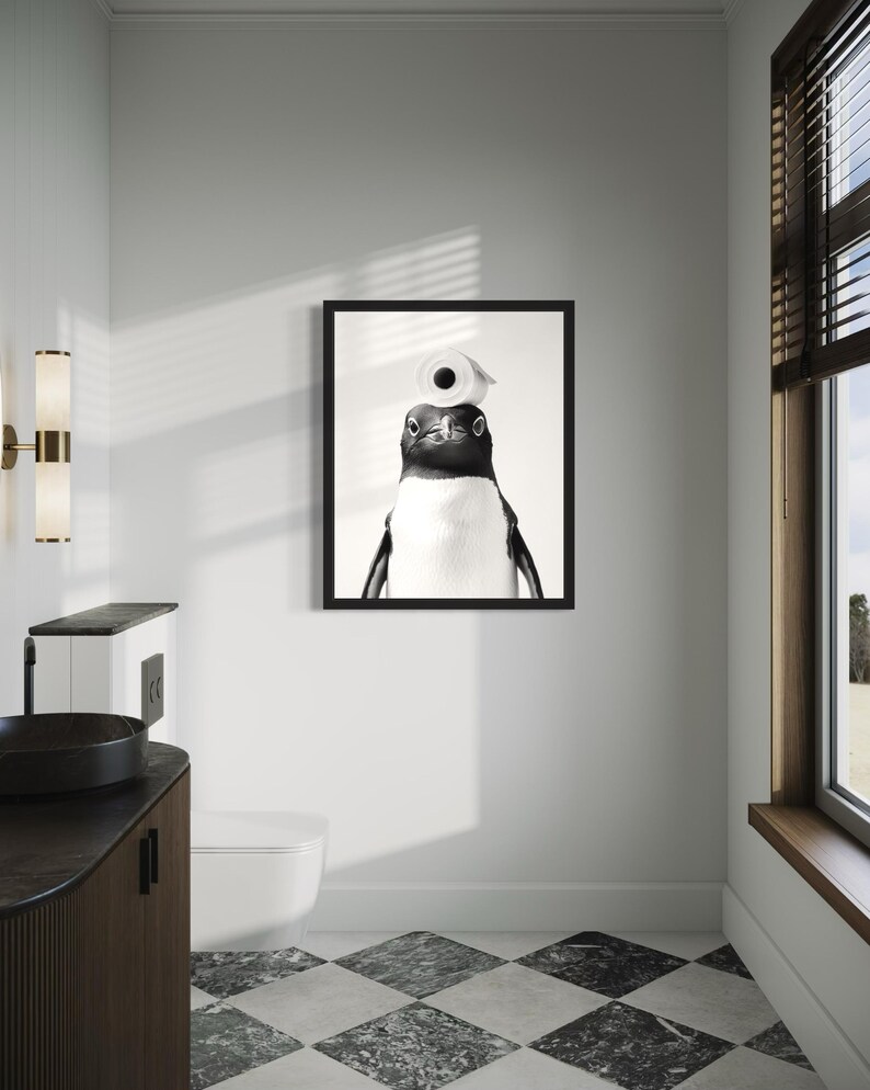 Penguin in Restroom Poster Art Print, Animal Wall Art Decor Painting ...