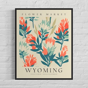 Wyoming State Flower, Wyoming Flower Market Art Print, Indian Paintbrush 1960's Wall Art , Neutral Botanical Pastel Artwork