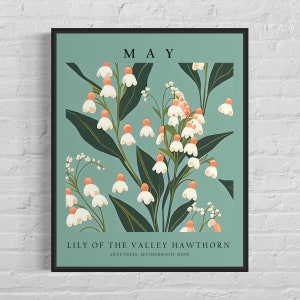 Mei bloemenmaand kunstprint, poster maand bloemenmarkt, Lily Hawthorn 1960's Wall Art, neutraal pastelkunstwerk