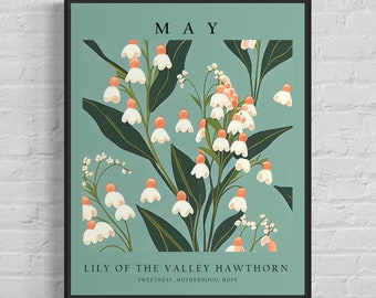 May Flower Month Art Print, Month Flower Market Poster, Lily Hawthorn 1960's Wall Art , Neutral Pastel Artwork