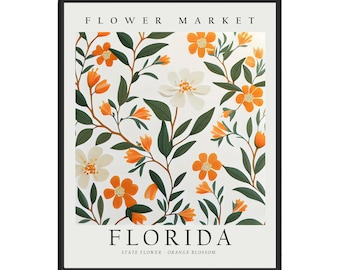 Florida State Flower, Florida Flower Market Art Print, Orange Blossom 1960&#39;s Wall Art , Neutral Botanical Pastel Artwork