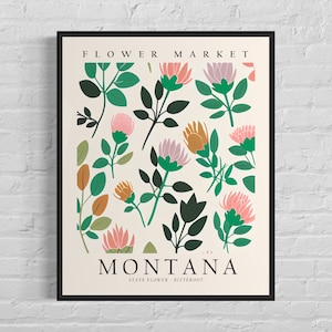 Impresión artística de la flor del estado de Montana, mercado de flores de Montana, arte mural de Bitterroot de los años 60, obra de arte botánica en tonos pastel neutros