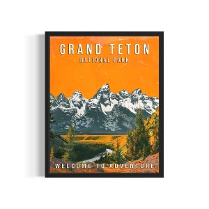Grand Teton National Park Art Print Poster, Vintage Retro Landmarks Decor