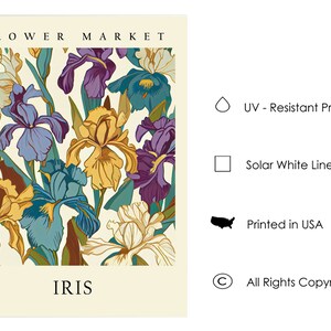 May include: A vintage-style print featuring a colorful bouquet of irises in shades of purple, yellow, blue, and white. The print is titled "IRIS" and includes the text "FLOWER MARKET".