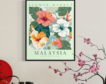 マレーシアの国花、マレーシアの花市場のアートプリント、ハイビスカス