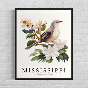 Mississippi State Bird Art Print, Mississippi State Flower, Mississippi Wall Art, Home Decor
