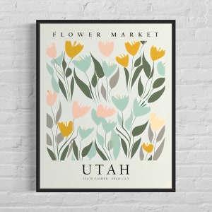 Utah State Flower, Utah Flower Market Art Print, Sego Lily 1960's Wall Art , Neutral Botanical Pastel Artwork