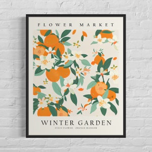 Wintergarten Florida Blumenmarkt Kunstdruck, Wintergarten Blume, Orange Blüte Wandkunst, Botanisches Pastell Kunstwerk