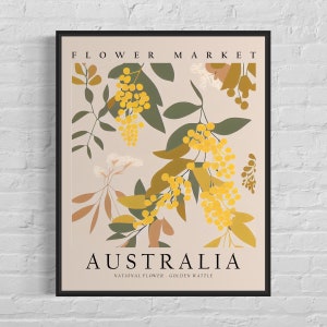 Australia National Flower, Australia Flower Market Art Print, Golden Wattle 1960's Wall Art , Neutral Botanical Pastel Artwork