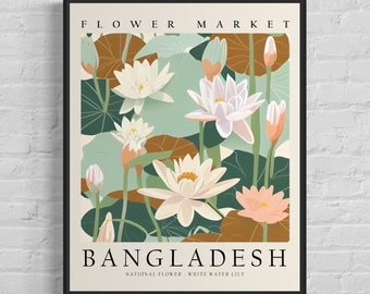 Bangladesh National Flower, Bangladesh Flower Market Art Print, White Water Lily 1960's Wall Art, Neutral Botanical Pastel Artwork
