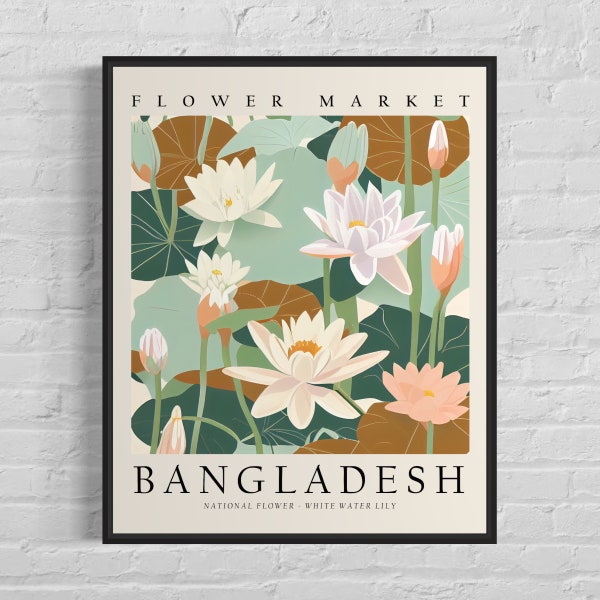 Fleur nationale du Bangladesh, impression d’art du marché aux fleurs du Bangladesh, art mural du nénuphar blanc des années 1960, œuvre d’art pastel botanique neutre
