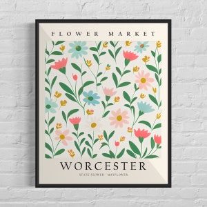 Worcester Massachusetts bloemenmarkt Art Print, Worcester City poster, Mayflower kunst aan de muur, botanische pastelkunst