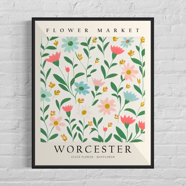 Worcester Massachusetts Flower Market Art Print, Worcester City Poster, Mayflower Wall Art, Botanical Pastel Artwork