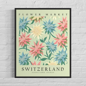 Switzerland National Flower, Switzerland Flower Market Art Print, Edelweiss 1960's Wall Art , Neutral Botanical Pastel Artwork