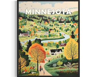 Minnesota  and Motto Landscape Scenery Poster Art Print, American Folk Art Wall Art Decor, Naive Painting Gifts