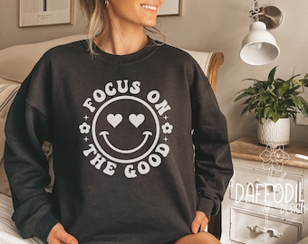 Sudadera unisex de cuello redondo con estampado de cara feliz estilo retro, mezcla de algodón.