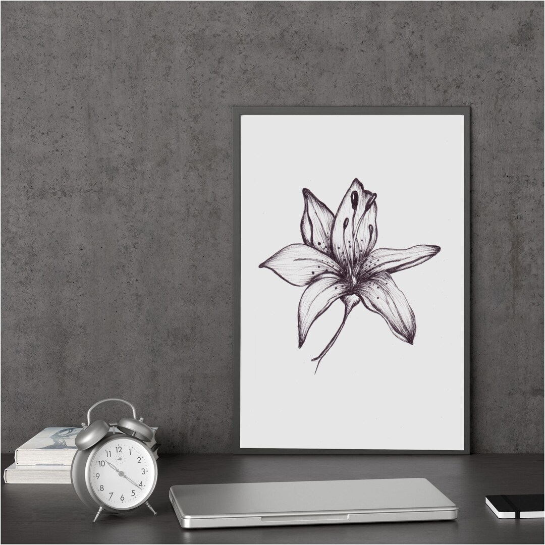 Lily Flower Black and White Pen and Ink Giclee Print Floral Art for ...