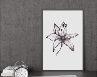 Stampa giclée con penna e inchiostro in bianco e nero di fiori di giglio, arte floreale per regali