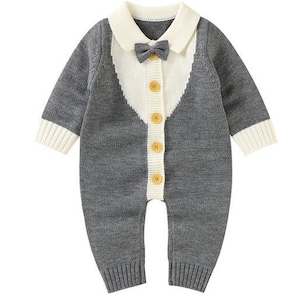 Boy Holiday Romper, Baby Knitted Romper, Baby Jumpsuit, Baby Boy Outfit, Warm  Romper, Baby Bow Front Jumpsuit. Holiday Jumpsuit - 12 Months