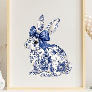 Blue toile bunny digital file Blue Floral Chinoiserie Bunny Png, Grand Millennial Easter Blue Toile Easter Rabbit Png, Easter Coquette Png