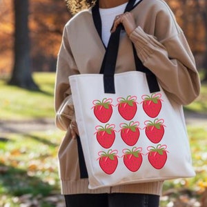 Strawberry coquette tote bag aesthetic trendy design pink ribbons summer bag, preppy stuff, reusable grocery bags, farmers market bag gift