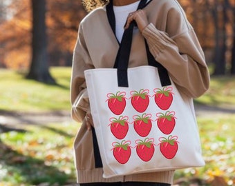 Erdbeer-Einkaufstasche mit Krokette ästhetisches trendiges Design rosa Bänder Sommertasche, adrette Sachen, wiederverwendbare Einkaufstüten, Bauernmarkttasche