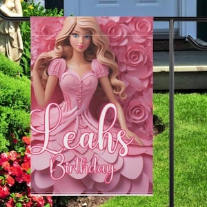Birthday Girl Personalized Banner, Princess Pink Happy Birthday House Flag, Custom Little Girl Party Decor Birthday Yard Banner Gift for her