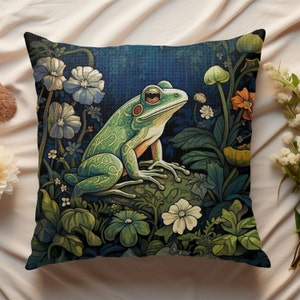 Frog Pillow William Morris-Inspired forestcore decor Pillow and Case 20x20, 16x16 cottagecore design gift for best friend, great grandma