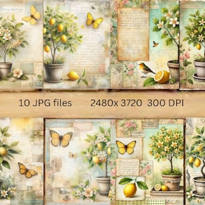 lemon junk journal pages, digital paper, scrapbook paper, junk journal, yellow rustic pages, spring pages, instant download, journaling