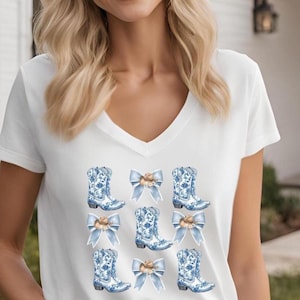 Country girl Coquette tee shirt, V-Neck Tee - Cowgirl Apparel, coquette clothing, Farmhouse Style Top, coquette cowgirl, bows and boots gift