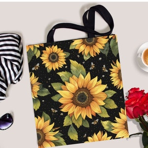 Sunflower tote bag personalized gift for her flower lover gift sunflower ans bee&#39;s bag womens tote beach or reading carry all reusable bag