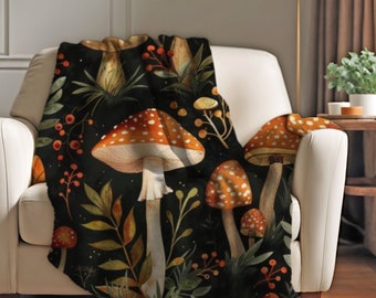 Mushroom plush velveteen blanket couch blanket, cottage core cozy throw blanket, grandma blanket gift, daughter botanical camping blanket