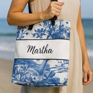 Blue and White Toile Personalized Tote Bag | Large Capacity Shoulder Bag | Elegant Custom Tote| Gift for her, gift for her birthday bestie