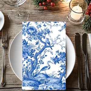 Blue Toile Napkins, 4 set blue and white toile de jouy, gift for her, gift for best friend coworker, fancy table decor, baby wedding shower
