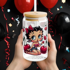 Betty Boop coquette Libby Glass, 16oz with straw and bamboo lid, Gift for Betty Boop fan Betty Boop collector cartoon fan gift for her fun