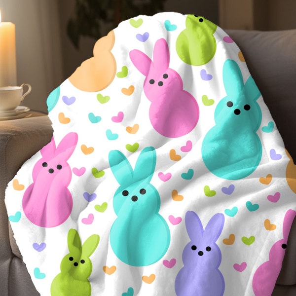Easter Peeps Velveteen Blanket: Colorful bunny Desig, gift for Baby's Easter Basket, best baby Shower Gift, Easter Decor, monogram blanket