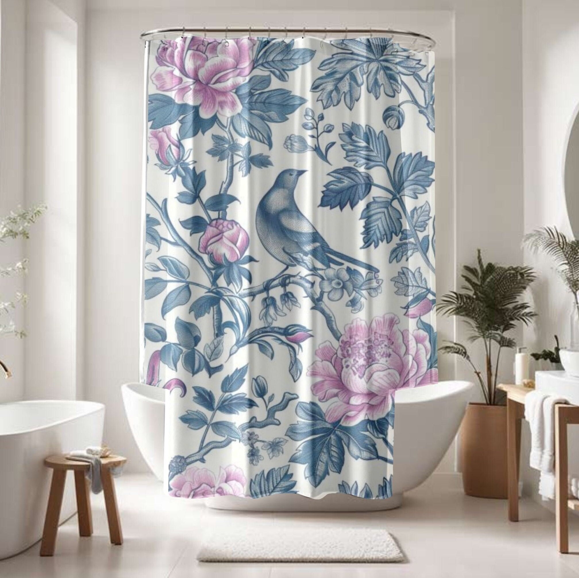 Shower Curtain Blue pink toile French country white bathroom decor toile shower curtain, shower curtain blue vintage shower curtain gift