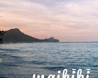 Waikiki Beach Photo, Pink Sky, Diamond Head, Hawaii (Digital Download)