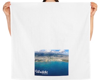 Waikiki City View from air Cotton Tea Towel with wording and Image of Waikiki, Ocean for your kitchen gifts