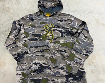 Y2k Browning Camo Hoodie Fleece Lined Mens Large Pullover Hunting Mossy Oak