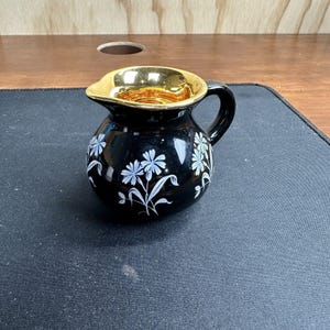 Prinknash Abbey Jug Gloucester English Vintage 2.5&quot; Black White Gold Floral