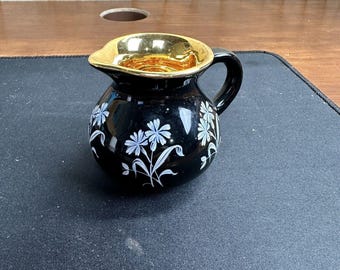 Prinknash Abbey Jug Gloucester English Vintage 2.5" Black White Gold Floral