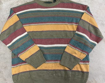 JJ Farmer Striped Knit Sweater Mens L Green Burgundy Yellow Blue Cotton VTG