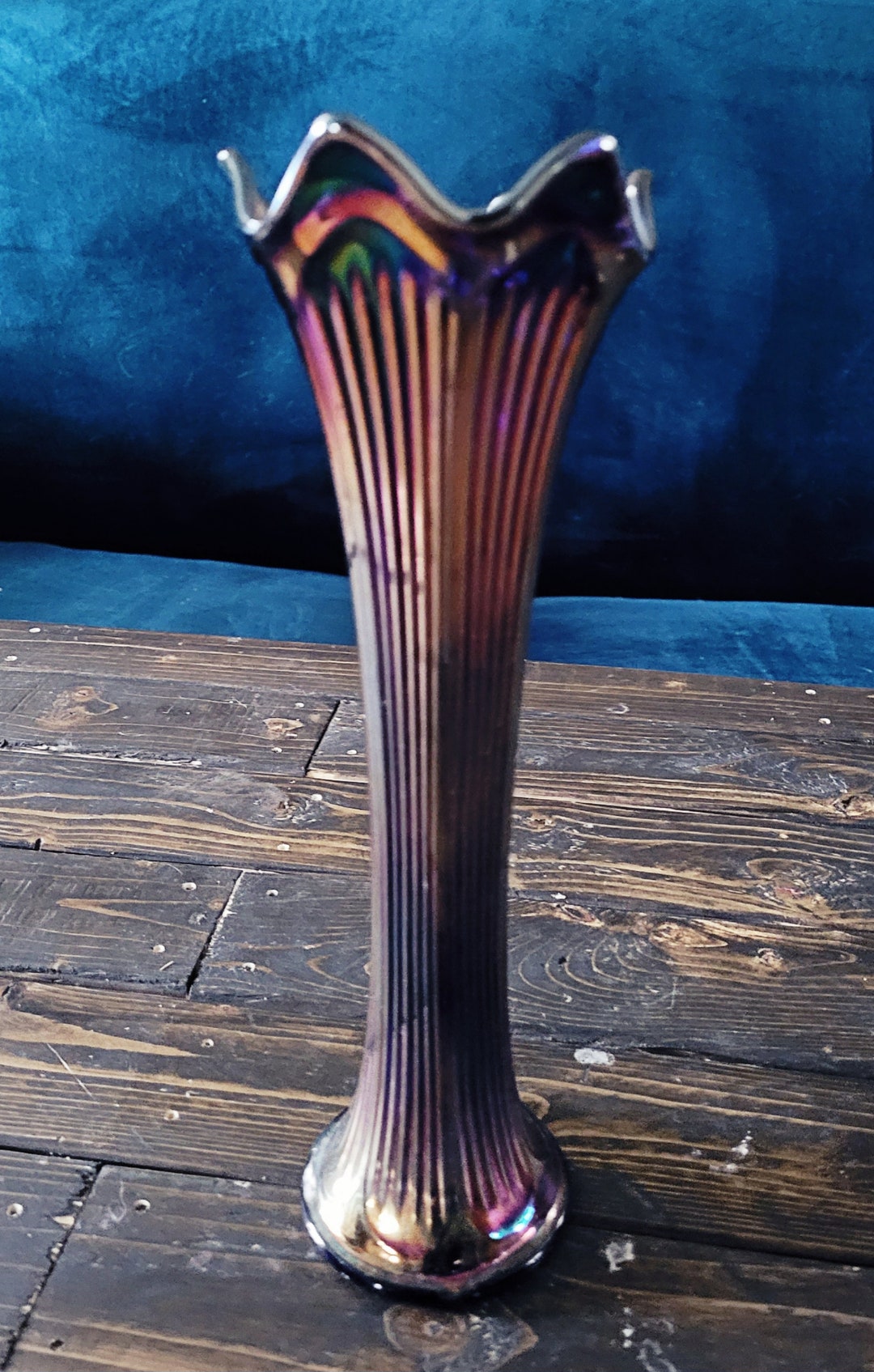 Fenton Fine Rib Swung Vase Cobalt Carnival Glass Etsy