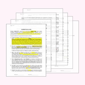 May include: A stack of white paper documents, possibly a residential lease agreement, with highlighted text. The documents are layered, with the top sheet partially obscuring the others. The text is in black font.