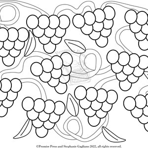 Puede incluir: Ilustración en blanco y negro de uvas, hojas y vides. La imagen presenta múltiples racimos de uvas, cada uva representada por un círculo. Las hojas y las vides también están delineadas en negro, creando un patrón detallado.