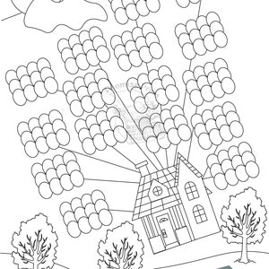 May include: A black and white line drawing of a house being lifted into the air by a large cluster of balloons. The house has a chimney, a door, and two windows. There are trees on either side of the house and a sun in the upper left corner of the image.