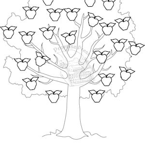Puede incluir: Un dibujo en blanco y negro de un manzano con muchas manzanas en sus ramas. El árbol tiene un tronco grueso y muchas ramas. Las manzanas son todas redondas y tienen una hoja en la parte superior. El árbol está sobre un fondo blanco.
