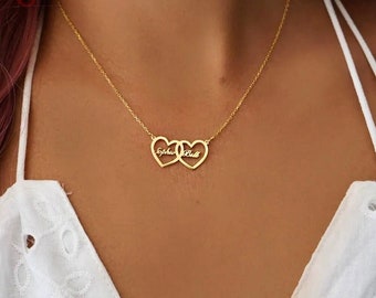 Personalized Two Name Necklace, Gold Plated Hearts, 2 Names, Hearts Necklace, Custom two names, Name Necklace with Heart, Gift For Your Love