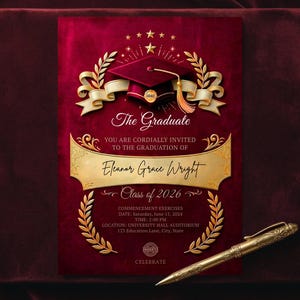 May include: A graduation announcement with a burgundy background and gold accents. The design includes a graduation cap, laurel wreaths, and the text "The Graduate." A gold pen rests on the surface, complementing the invitation's elegant design.